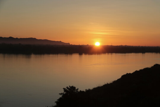 Sunrise on the Mekong River in Nakhon Phanom Province, Thailand.