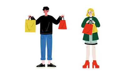 Man and Woman with Shopping Bags Making Purchase in Shopping Mall Vector Set