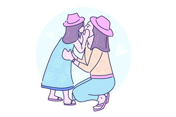 Hand drawn illustration cute daughter kiss her mother