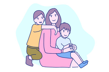 Hand drawn illustration cute moment mother and two son