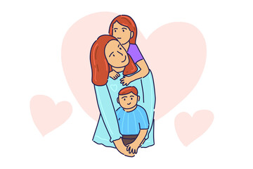 Hand drawn illustration cute mom play with her kids