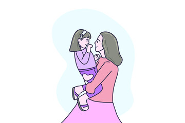 Hand drawn illustration mother carry her daughter
