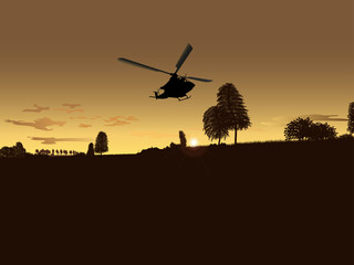 Fototapeta na wymiar Combat helicopter in the sky. Colorful vector image.