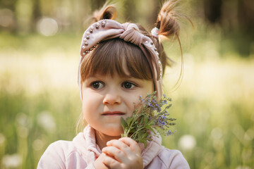 A little girl with a small bouquet of flowers in the park in the summer. Cute portrait