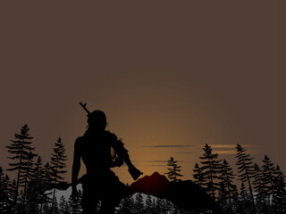 Girl with weapons in her hands. Sky, mountains, trees. Colorful vector image.