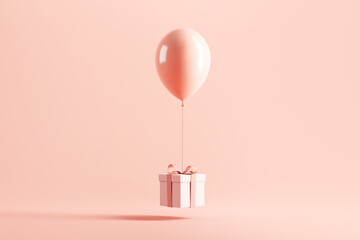 White gift box or present box with balloon on pink pastel color background, 3D rendering.