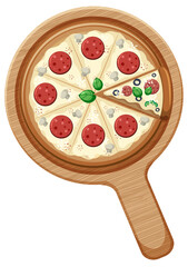 A whole pizza with pepperoni topping on wooden plate isolated