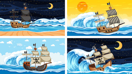 Obraz premium Four different beach scenes with pirate ship