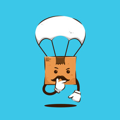 Webthinking pose parcel package box papa with moustache and parachute character cartoon mascot