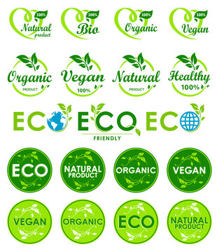 Natural Vegan Organic Eco Bio Product vector icon Set. Ecology Bio flat vector sign. Green leaf. Vector illustration