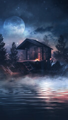 Night fantasy landscape with island of stones on the water, wooden fantasy house over water, night, moonlight, fog, night lantern, reflection in the water. 3D