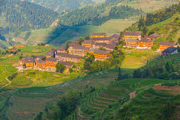 Traditional village of Dazhai amidst the Longsheng rice terraces in summer, Guangxi Province, China
