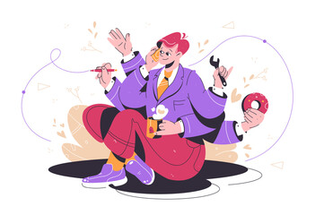 Busy multitasking man at work