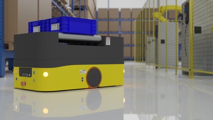 Naklejka premium Factory 4.0 concept: An AGV is carrying goods in smart warehouse. 3D illustration