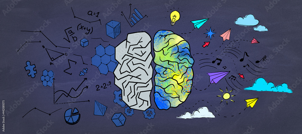 Poster creative colorful brain sketch on wall backdrop. brainstorm and education concept.