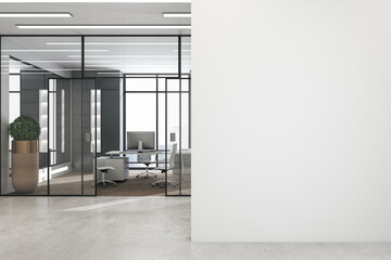 Fototapeta na wymiar Modern office interior with mockup on concrete wall. Mock up, 3D Rendering.