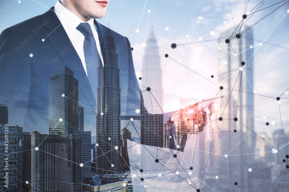 Poster Businessman using cellphone on abstract city background with digital mesh. Communication and technology concept. Double exposure.