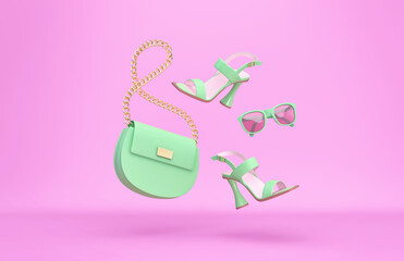 Green women's bag, high heels, sunglasses flying over violet background