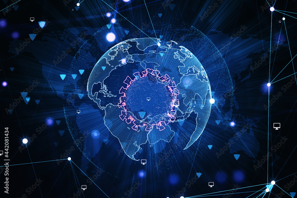 Poster abstract digital globe hologram. technology and global innovation concept. 3d rendering.