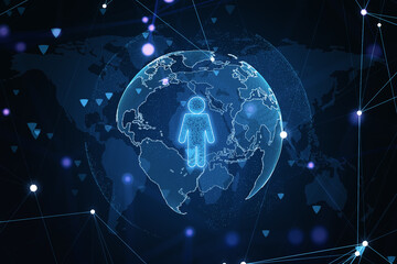 Creative globe hologram with person icon. Digital recruiting and technology concept. 3D Rendering.