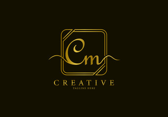Initial CM Letter Golden Square Signature, Luxury Logo.