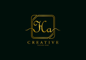 Initial HA Letter Golden Square Signature, Luxury Logo.