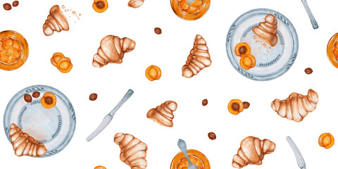 Watercolor seamless pattern with illustration of traditional breakfast, lunch ingredients elements: croissant, jam, apricot, plate, spoon, knife. Clip art objects isolated on white background.