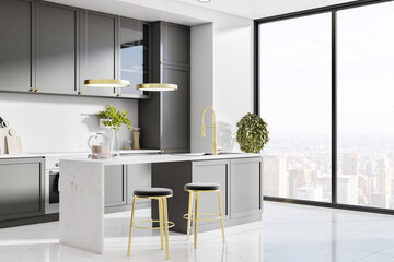 Sunlit kitchen interior with island, appliances and city view. Design concept. 3D Rendering.