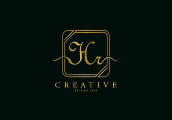 Initial HR Letter Golden Square Signature, Luxury Logo.