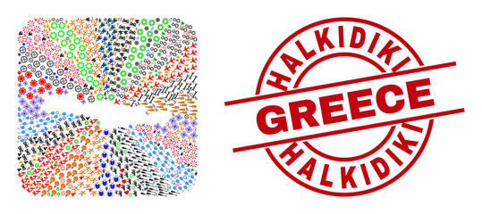 Vector mosaic Crete map of different icons and Halkidiki Greece seal. Mosaic Crete map created as stencil from rounded square. Red round watermark with Halkidiki Greece word.