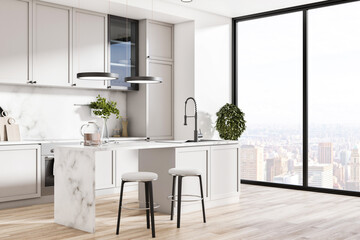 Contemporary kitchen interior with island, appliances, sunlight and city view. Design concept. 3D...