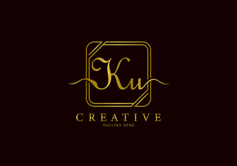 Initial KU Letter Golden Square Signature, Luxury Logo.