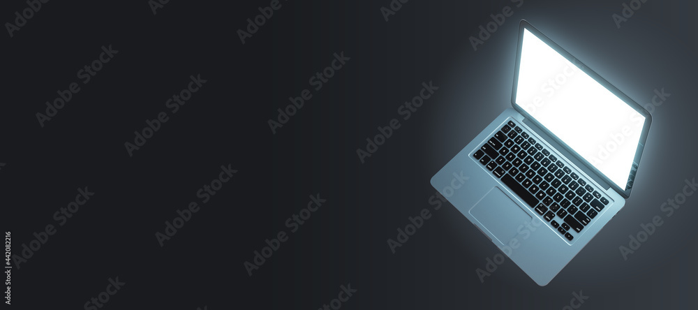 Poster Empty laptop computer with white screen on grey background with mock up place for ad. Technology and device concept. 3D Rendering.
