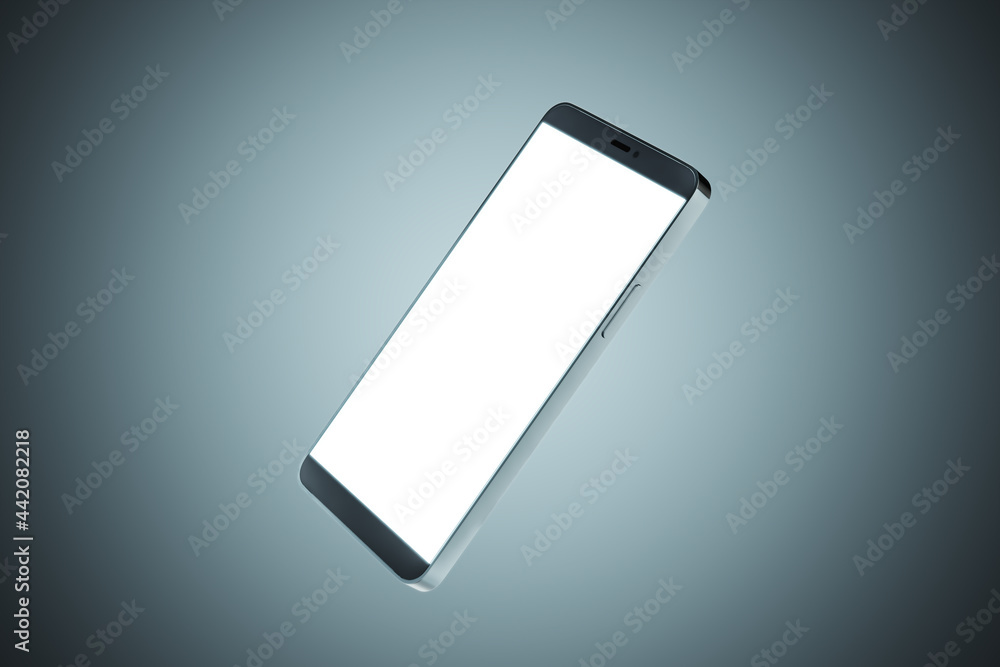 Aufkleber Empty smartphone with white screen on grey background with mock up place for ad. Technology and device concept. 3D Rendering.