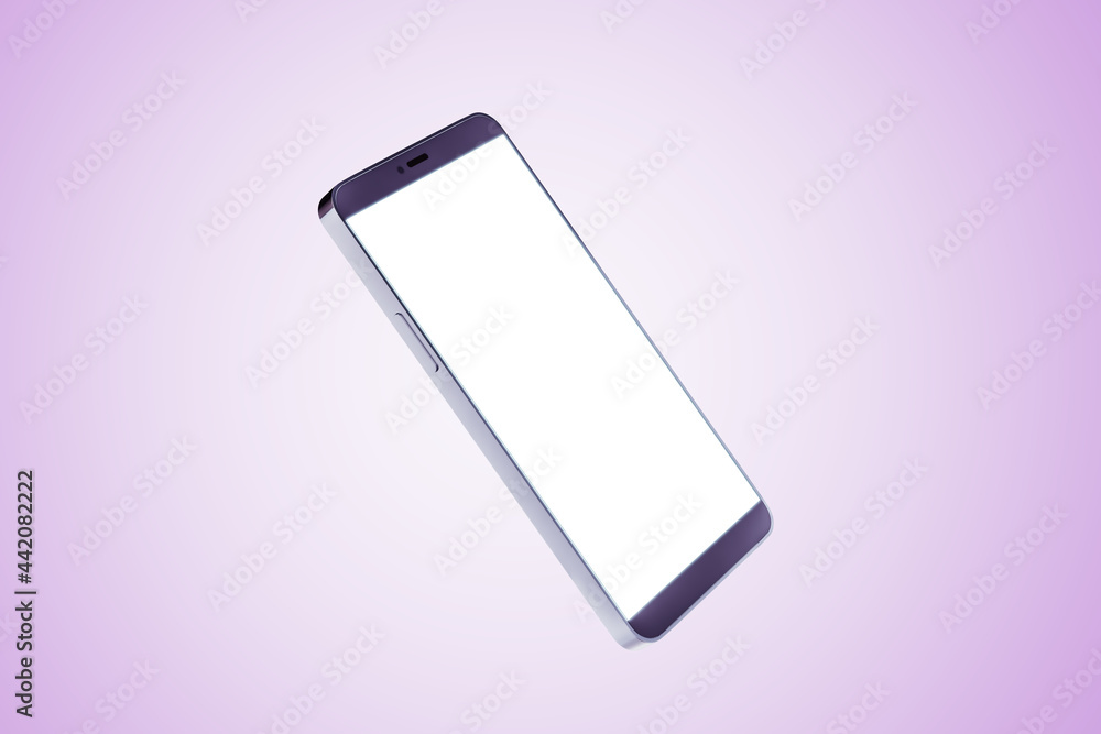 Poster Empty mobile phone with white screen on grey background with mock up place for ad. Technology and device concept. 3D Rendering.