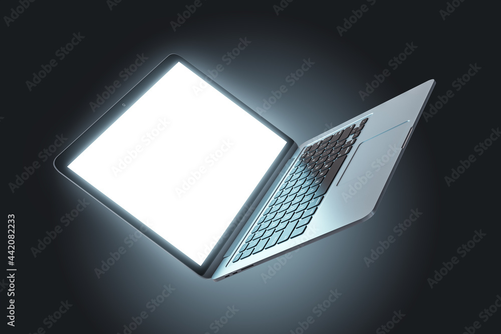 Aufkleber Empty laptop with white screen on grey background with mock up place for ad. Technology and device concept. 3D Rendering.
