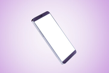 Empty mobile phone with white screen on grey background with mock up place for ad. Technology and device concept. 3D Rendering.