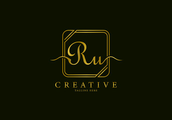 Initial RU Letter Golden Square Signature, Luxury Logo.