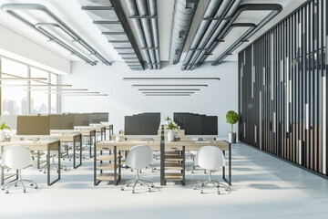 Modern corporate coworking office interior with equipment, furniture, city view and daylight. 3D Rendering.