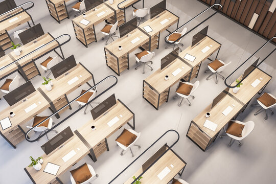 Top view of contemporary coworking office interior with workplaces. 3D Rendering.