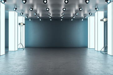 Modern glowing exhibition hall blank mockup stage in concrete interior. Museum and gallery concept....