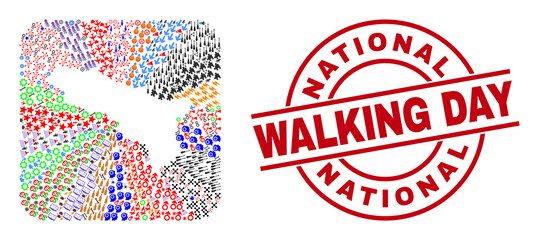 Vector collage Abkhazia map of different pictograms and National Walking Day stamp. Collage Abkhazia map constructed as subtraction from rounded square.