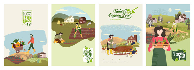 Organic farming, agriculture and gardening. Set of vector illustrations for posters, brochure covers, background, business presentation, marketing material for food market and restaurants. © PureSolution