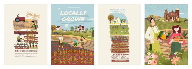 Organic farming, agriculture and gardening. Set of vector illustrations for posters, brochure covers, background, business presentation, marketing material for food market and restaurants. © PureSolution