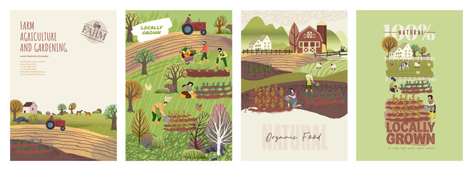 Organic farming, agriculture and gardening. Set of vector illustrations for posters, brochure covers, background, business presentation, marketing material for food market and restaurants. © PureSolution