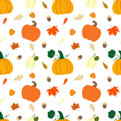 Fall vector seamless pattern with orange and yellow pumpkins, leaves, foliage, acorns on white background. Autumn harvest illustration. Botanical print. Thanksgiving wallpaper.