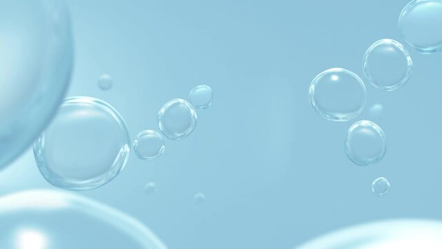 Pure vitality cosmetic refreshing hygiene hydrogen renewable energy studio shot. Transparent carbonated blue gas bubbles underwater in full-frame macro close up with selective focus background Loop
