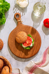 Vegetarian sandwich with cheese and tomato. Healthy vegetarian food concept.