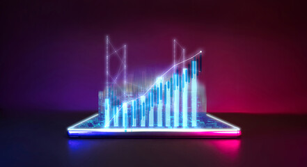 Future technology and business financial stock graph with city pop hologram technology.