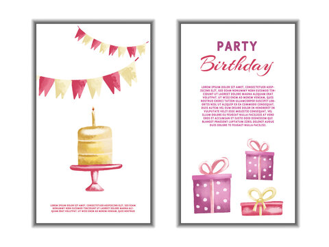 Set of watercolor birthday greetings card design. Vector illustration.